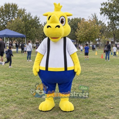 Yellow Rhino Mascot Costume with White Shirt and Suspenders