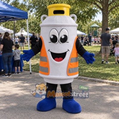 Propane Tank Character Mascot Costume with Orange Safety Vest