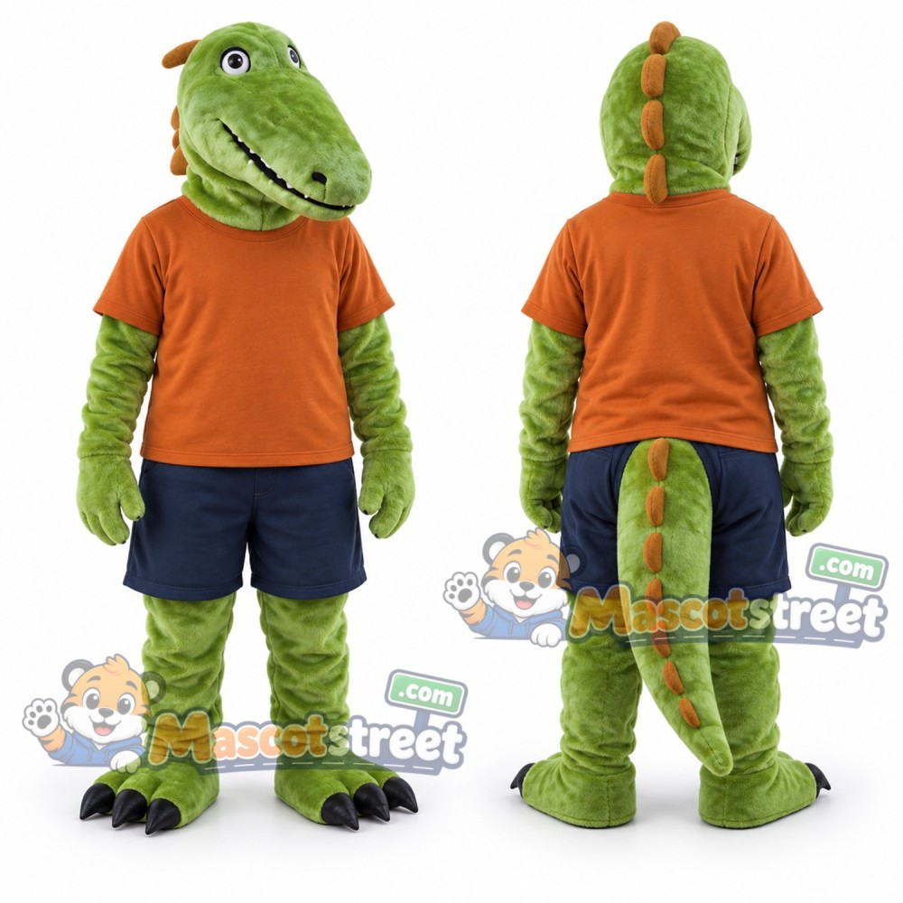 Green Crocodile Mascot Costume with Orange Shirt and Navy Shorts
