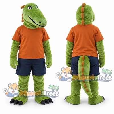 Green Crocodile Mascot Costume with Orange Shirt and Navy Shorts