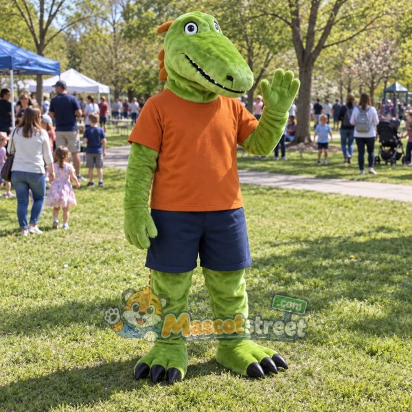 Green Crocodile Mascot Costume with Orange Shirt and Navy Shorts