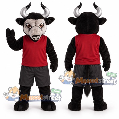 Black Bull Mascot Costume with Red Shirt and Gray Shorts