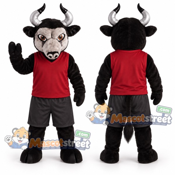Black Bull Mascot Costume with Red Shirt and Gray Shorts