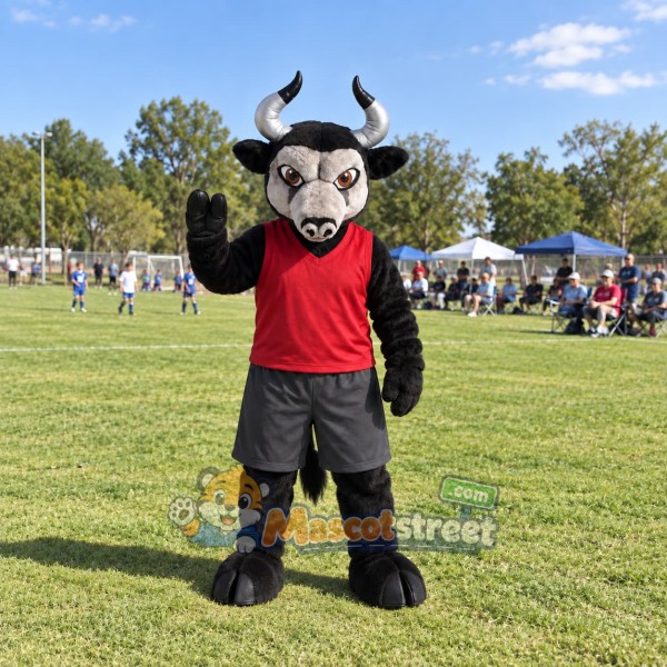 Black Bull Mascot Costume with Red Shirt and Gray Shorts