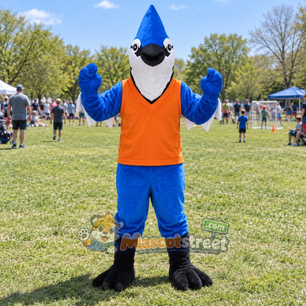 Blue Bird Mascot Costume with Orange Shirt Blue Bird Mascot Costume with Orange Shirt