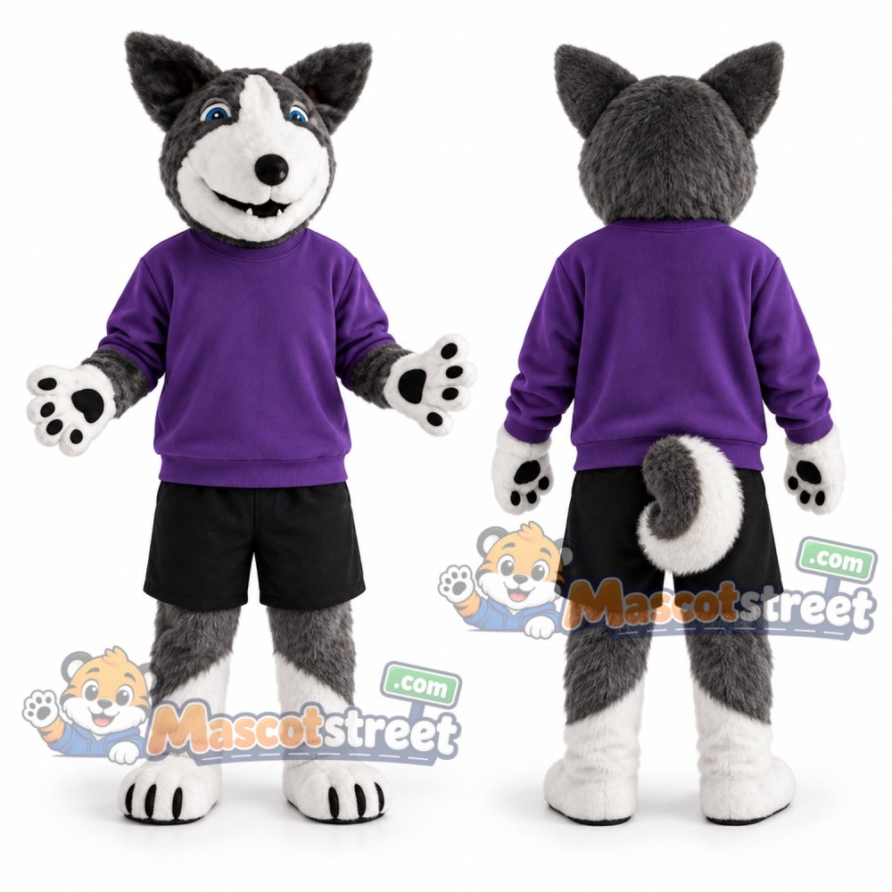 Gray Husky Mascot Costume with Purple Sweater and Black Shorts