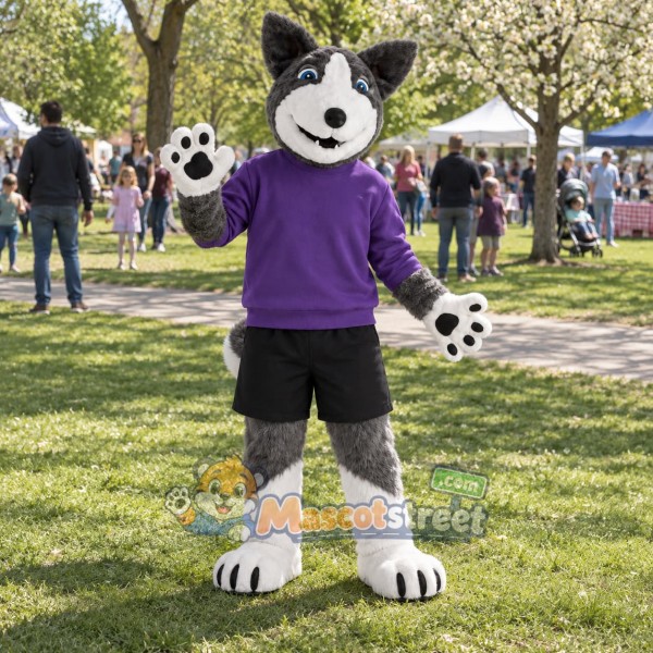 Gray Husky Mascot Costume with Purple Sweater and Black Shorts