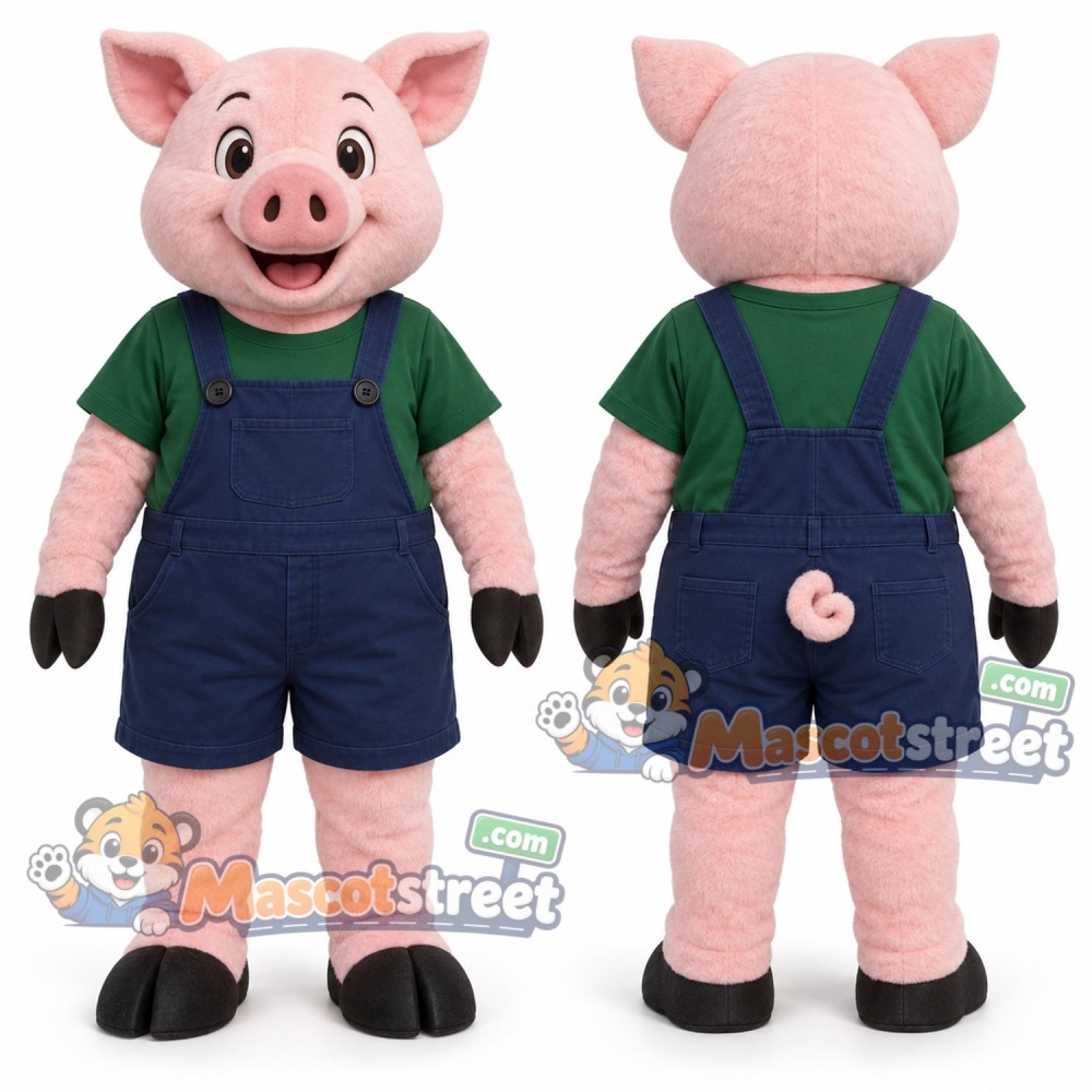 Pink Pig Mascot Costume with Green Shirt and Navy Overalls