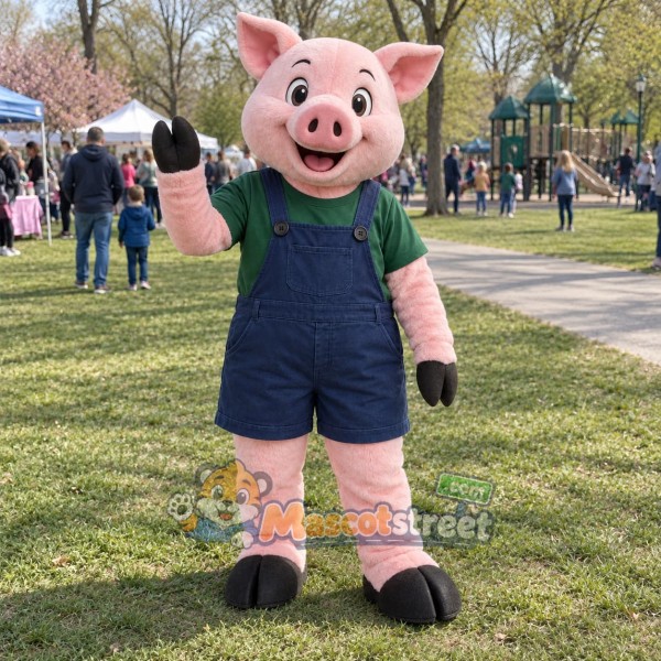 Pink Pig Mascot Costume with Green Shirt and Navy Overalls