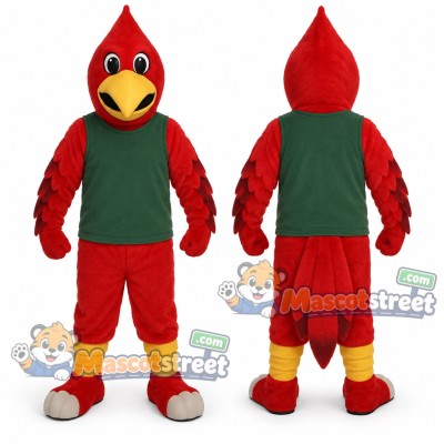 Red Cardinal Mascot Costume with Green Shirt Red Cardinal Mascot Costume with Green Shirt