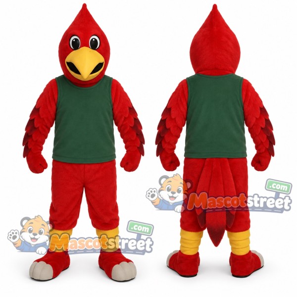 Red Cardinal Mascot Costume with Green Shirt