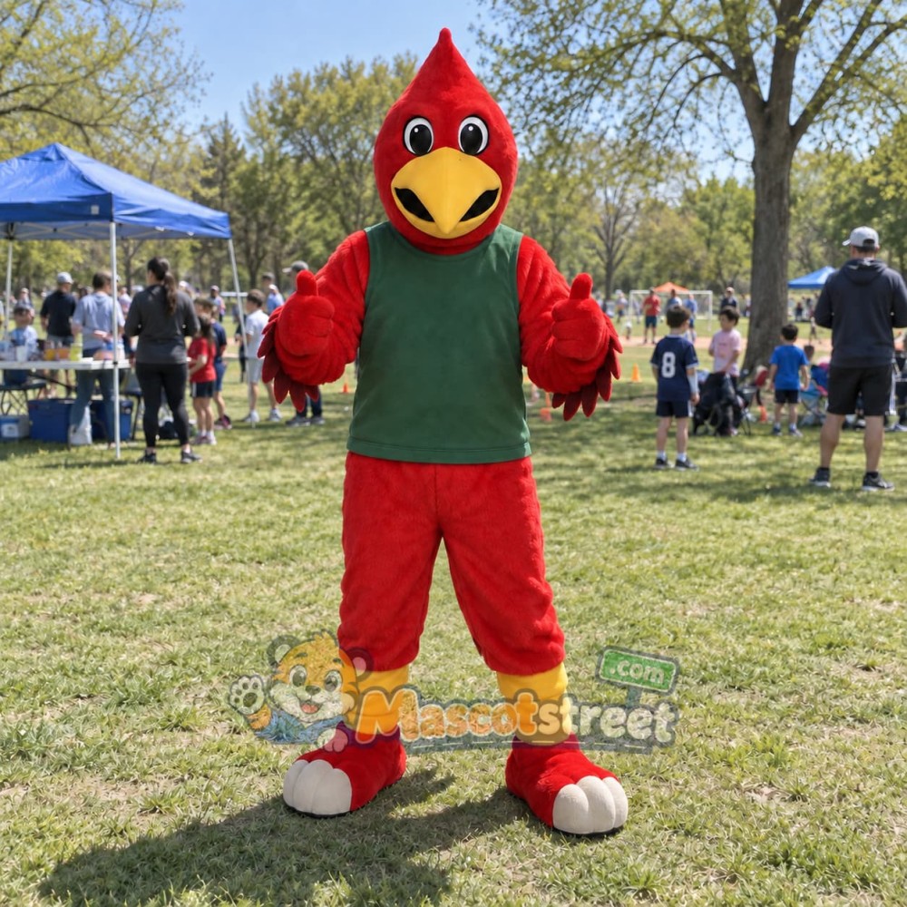 Red Cardinal Mascot Costume with Green Shirt Red Cardinal Mascot Costume with Green Shirt