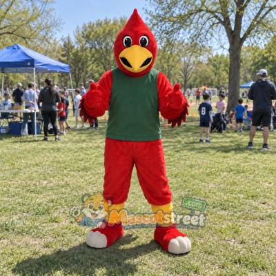 Red Cardinal Mascot Costume with Green Shirt Red Cardinal Mascot Costume with Green Shirt