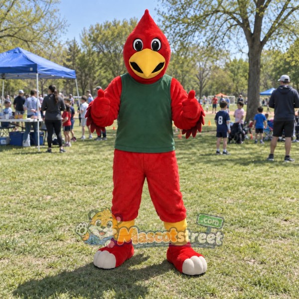 Red Cardinal Mascot Costume with Green Shirt