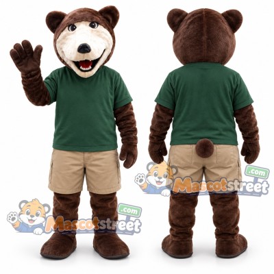 Brown Bear Mascot Costume with Green Shirt and Khaki Shorts Brown Bear Mascot Costume with Green Shirt and Khaki Shorts