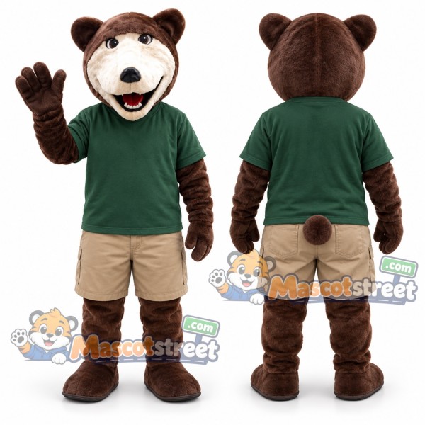 Brown Bear Mascot Costume with Green Shirt and Khaki Shorts
