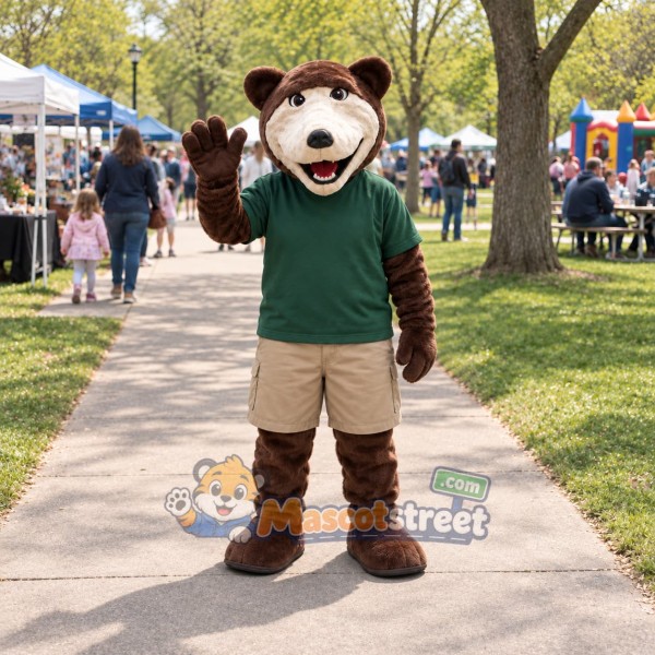 Brown Bear Mascot Costume with Green Shirt and Khaki Shorts