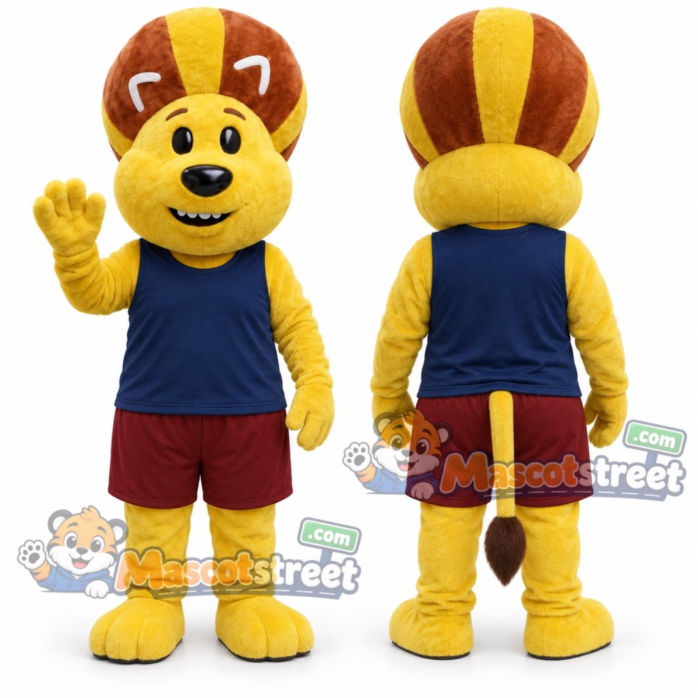 Yellow Lion Mascot Costume with Navy Shirt and Burgundy Shorts Yellow Lion Mascot Costume with Navy Shirt and Burgundy Shorts