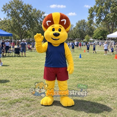 Yellow Lion Mascot Costume with Navy Shirt and Burgundy Shorts Yellow Lion Mascot Costume with Navy Shirt and Burgundy Shorts