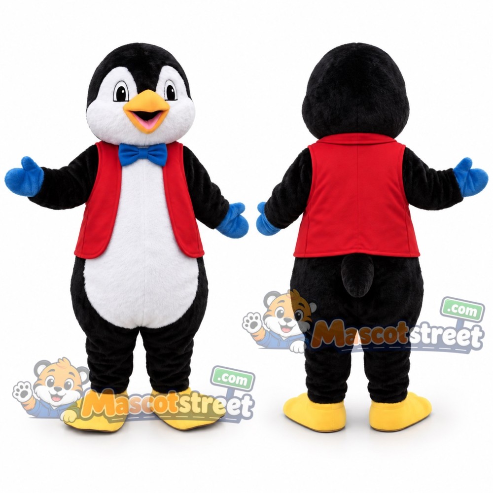 Penguin Mascot Costume with Red Vest and Blue Bow Tie