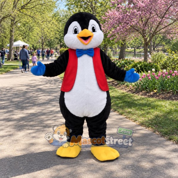 Penguin Mascot Costume with Red Vest and Blue Bow Tie