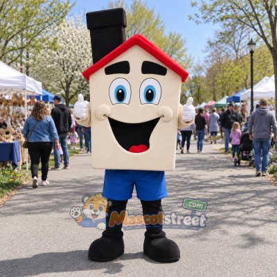 House Character Mascot Costume with Blue Shorts and Black Top Hat