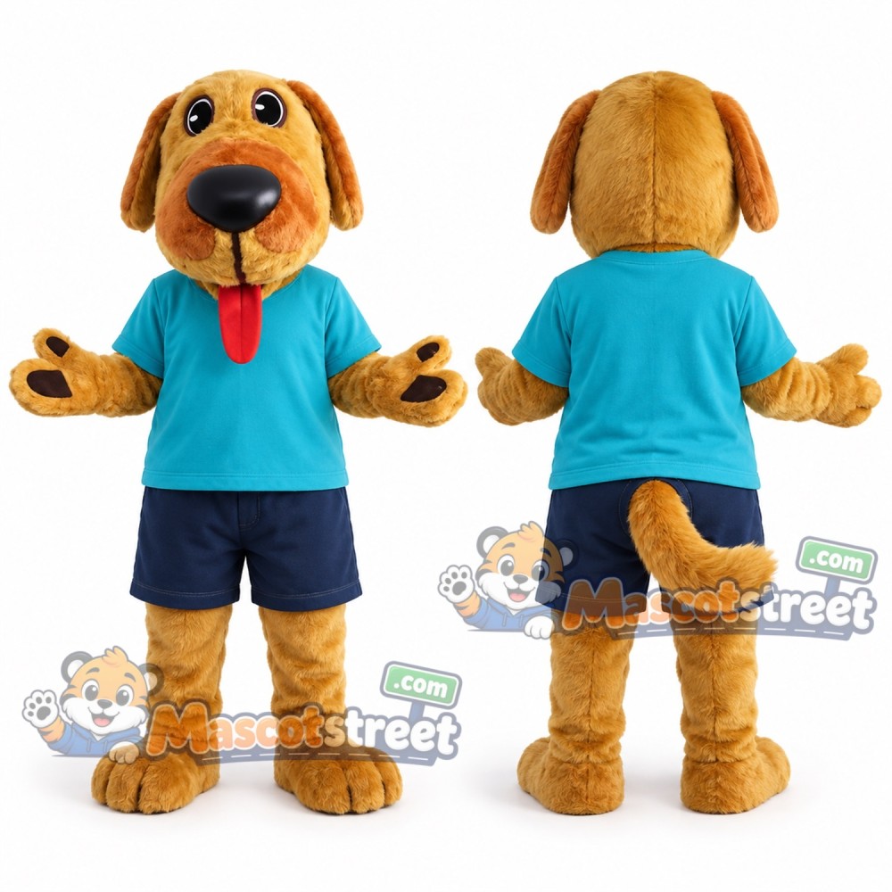 Golden Dog Mascot Costume with Teal Shirt and Navy Shorts