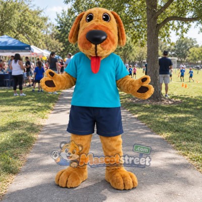 Golden Dog Mascot Costume with Teal Shirt and Navy Shorts