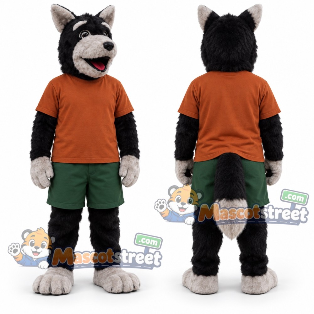 Gray Wolf Mascot Costume with Orange Shirt and Green Shorts