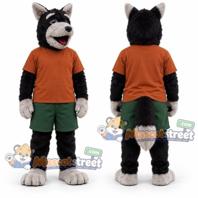 Gray Wolf Mascot Costume with Orange Shirt and Green Shorts