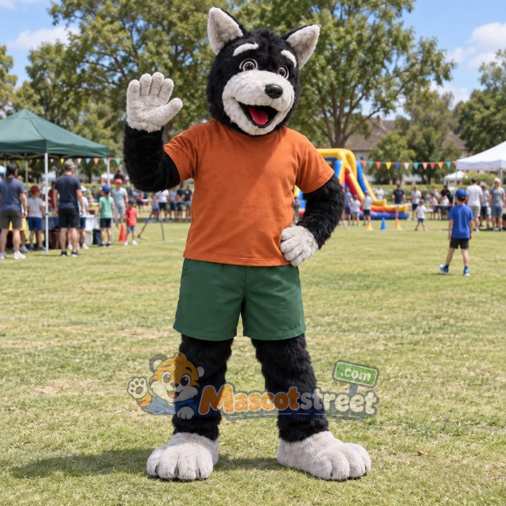 Gray Wolf Mascot Costume with Orange Shirt and Green Shorts