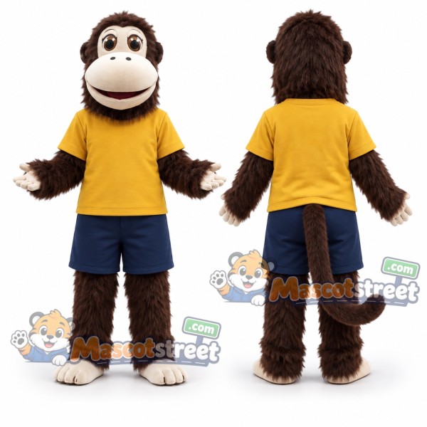 Brown Monkey Mascot Costume with Yellow Shirt and Navy Shorts