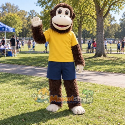 Brown Monkey Mascot Costume with Yellow Shirt and Navy Shorts