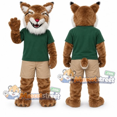 Brown Wildcat Mascot Costume with Green Shirt and Khaki Shorts