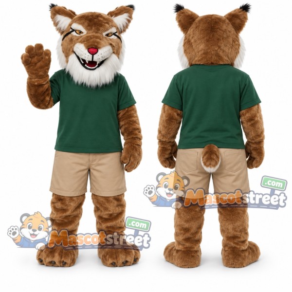 Brown Wildcat Mascot Costume with Green Shirt and Khaki Shorts
