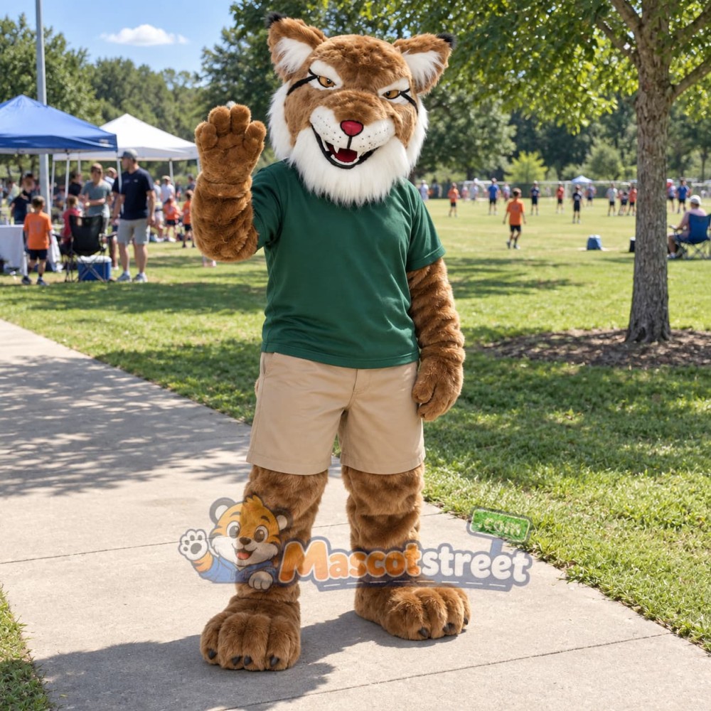 Brown Wildcat Mascot Costume with Green Shirt and Khaki Shorts