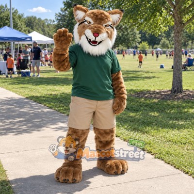 Brown Wildcat Mascot Costume with Green Shirt and Khaki Shorts