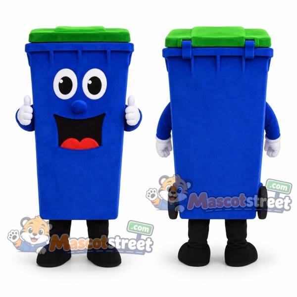 Blue Waste Bin Mascot Costume with Green Lid