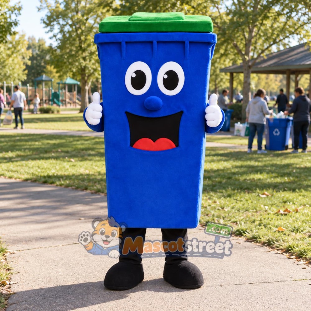 Blue Waste Bin Mascot Costume with Green Lid Blue Waste Bin Mascot Costume with Green Lid