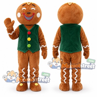 Gingerbread Man Mascot Costume with Green Vest Gingerbread Man Mascot Costume with Green Vest