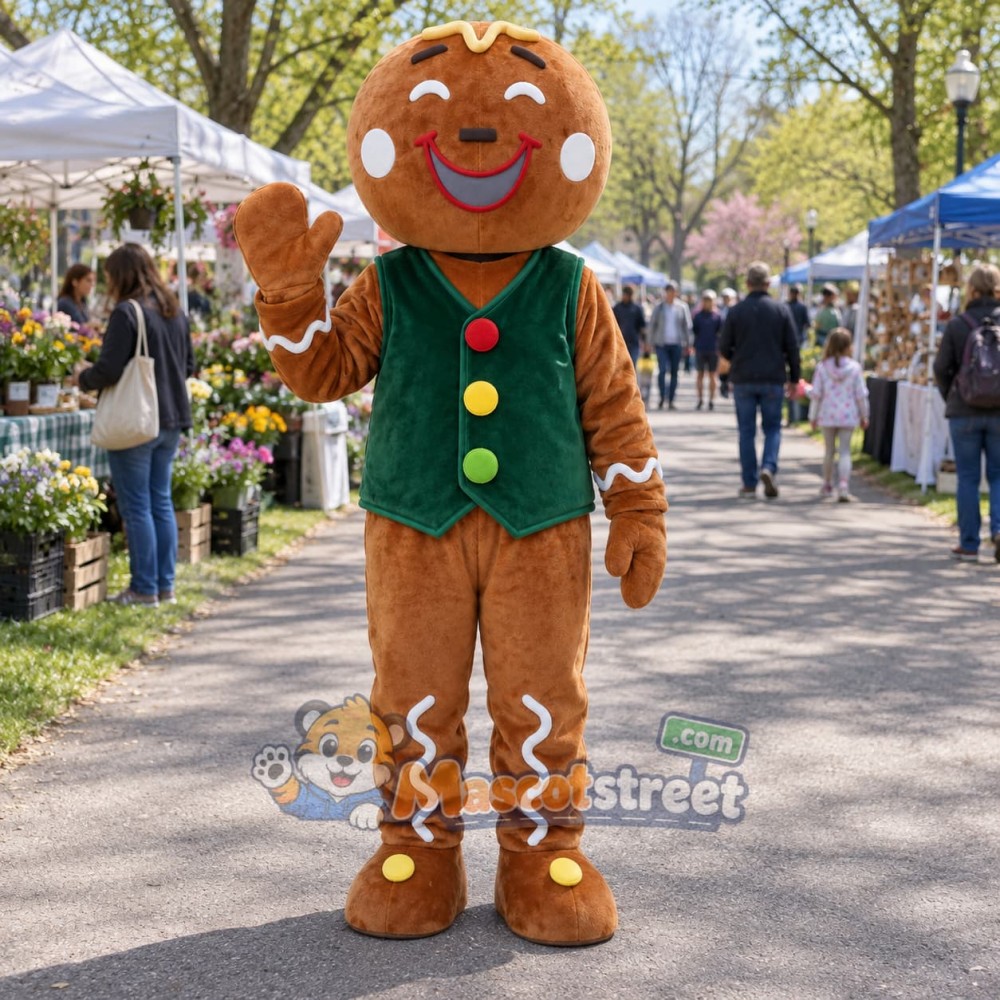 Gingerbread Man Mascot Costume with Green Vest Gingerbread Man Mascot Costume with Green Vest