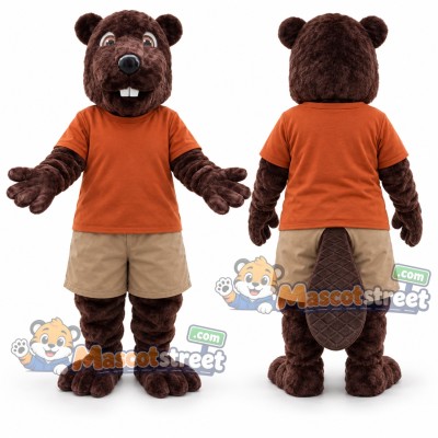 Brown Beaver Mascot Costume with Orange Shirt and Khaki Shorts