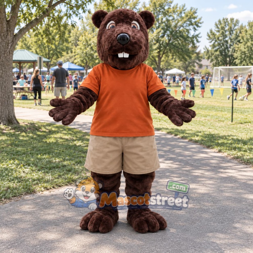 Brown Beaver Mascot Costume with Orange Shirt and Khaki Shorts