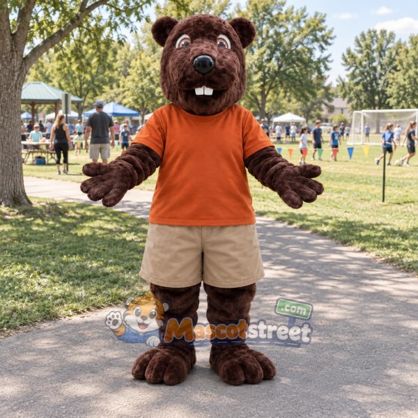 Brown Beaver Mascot Costume with Orange Shirt and Khaki Shorts