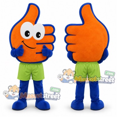 Orange Thumbs-Up Hand Mascot Costume with Lime Shorts Orange Thumbs-Up Hand Mascot Costume with Lime Shorts