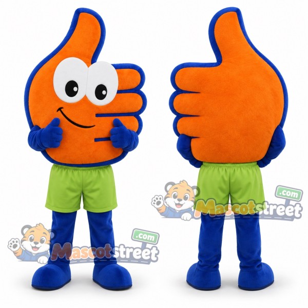 Orange Thumbs-Up Hand Mascot Costume with Lime Shorts