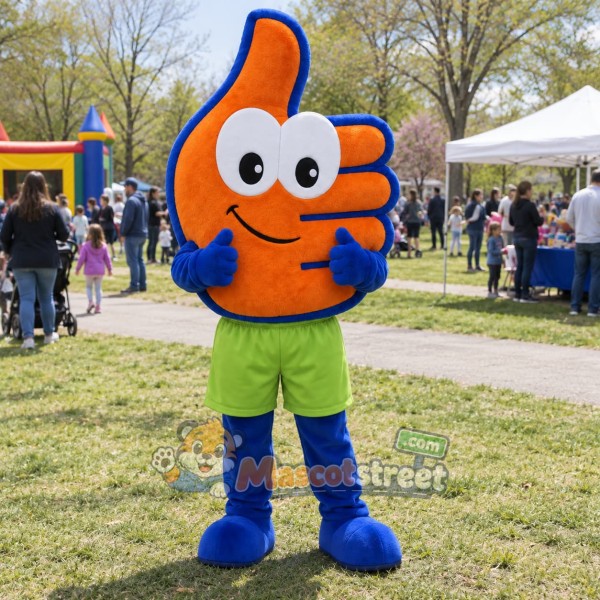 Orange Thumbs-Up Hand Mascot Costume with Lime Shorts Orange Thumbs-Up Hand Mascot Costume with Lime Shorts