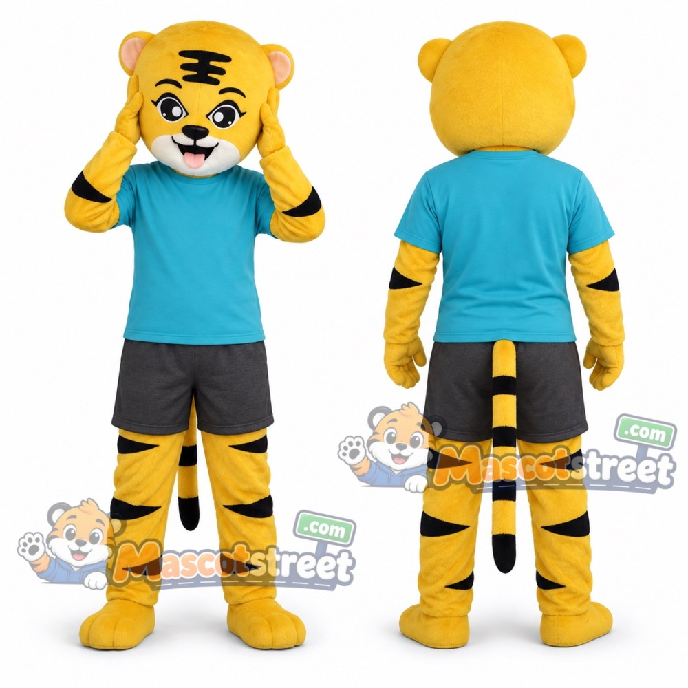 Yellow Tiger Mascot Costume with Teal Shirt and Gray Shorts Yellow Tiger Mascot Costume with Teal Shirt and Gray Shorts