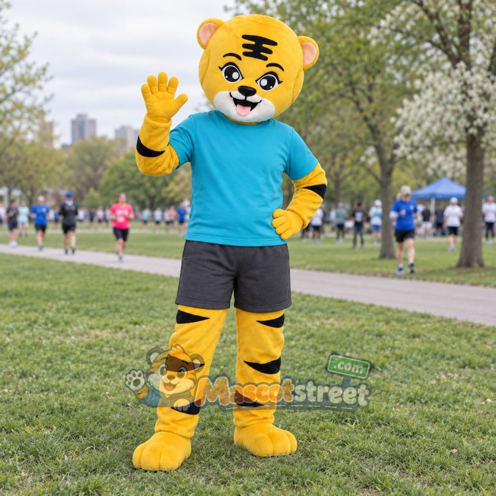 Yellow Tiger Mascot Costume with Teal Shirt and Gray Shorts Yellow Tiger Mascot Costume with Teal Shirt and Gray Shorts