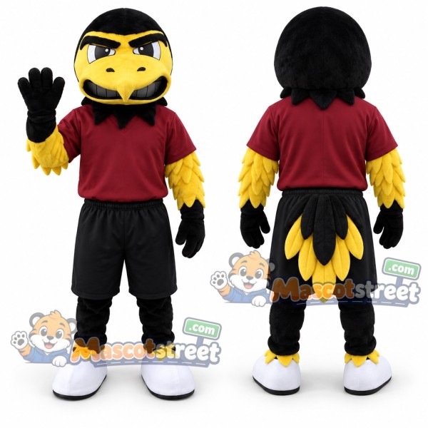 Yellow Bird Mascot Costume with Burgundy Shirt and Black Shorts